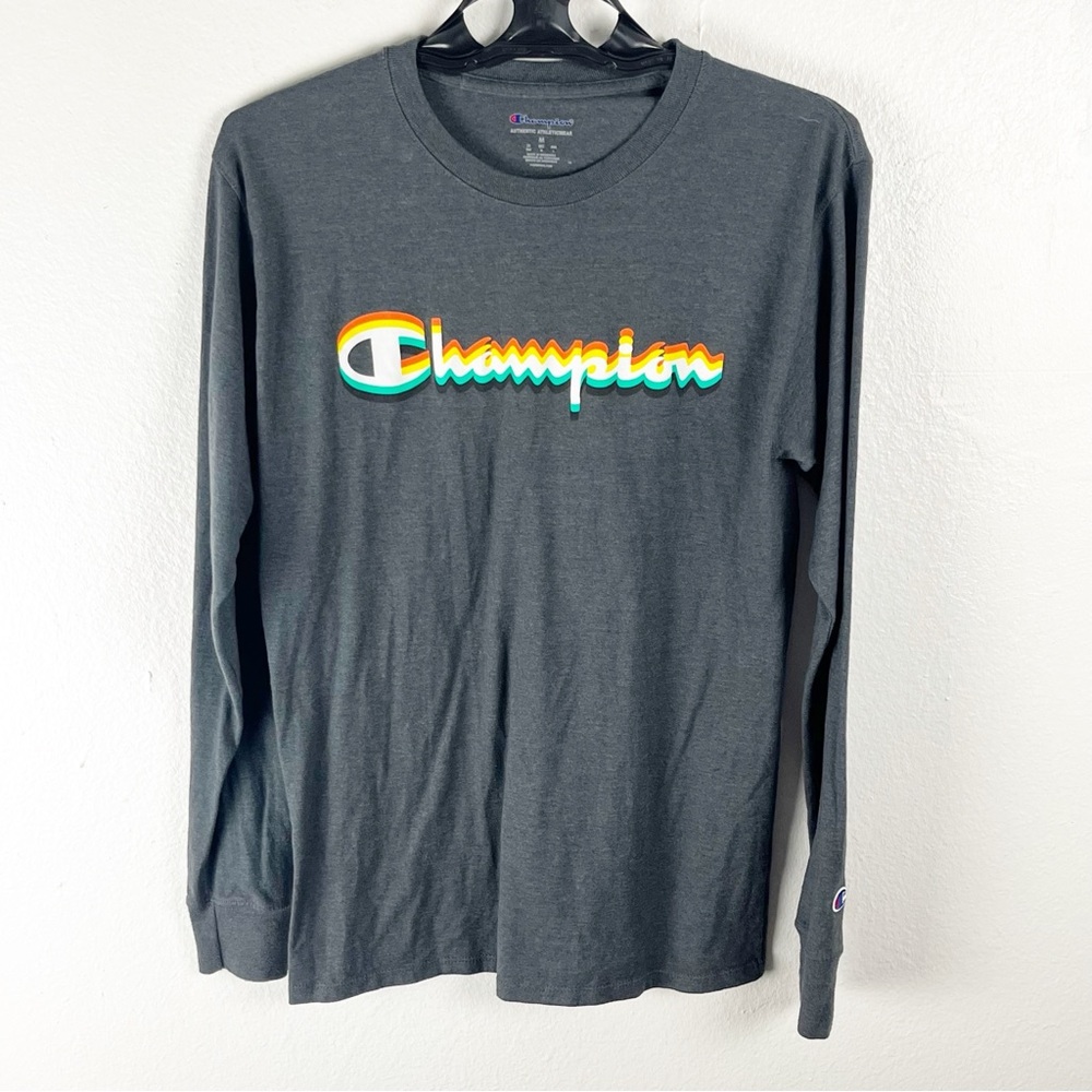 CHAMPION Gray Long Sleeves Crewneck Spellout Tee,Size Medium